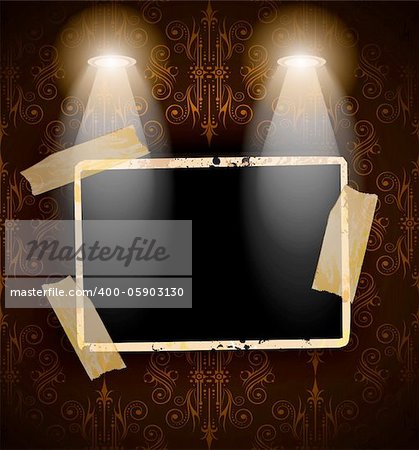 Antique distressed photoframes with old dirty look on a vintage seamless wallpaper. Frames are featured by led spotlights.Shadows are transparent.