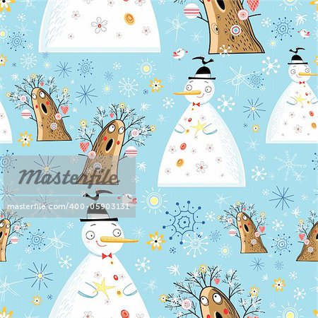 seamless pattern of winter snowmen and trees on a blue background with snowflakes