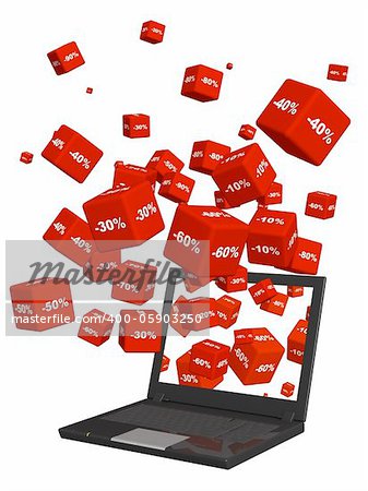 Laptop and red boxes with the goods at a discount. Objects isolated over white