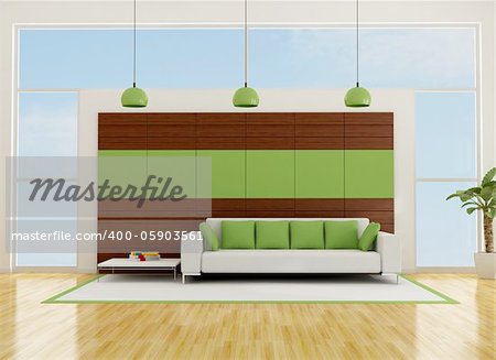 contemporary living room with wooden panel and sofa-rendering