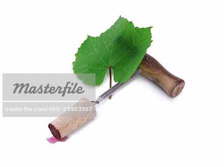 vintage corkscrew and green grape leaf isolated on white background
