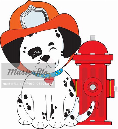 A smiling Dalmatian Pup, sitting close by a red fire hydrant, is wearing a fireman's hat and wagging his tail happily.
