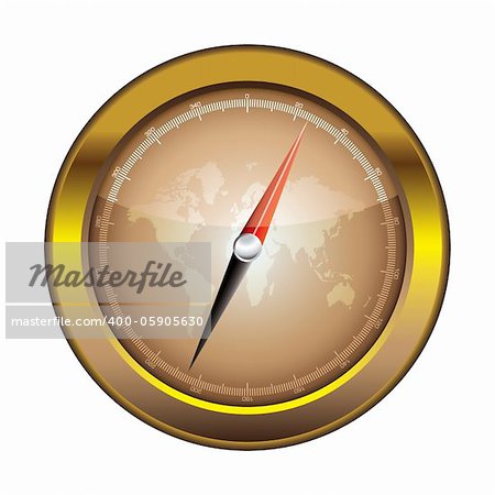 Gold retro compass with world and light reflection illustration