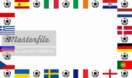 Frame, composed of the flags from all 16 participating countries, sorted according to groups, and soccer balls or footballs, with place for text, white background