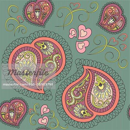 Cute ornamental colorful heart paisley seamless pattern