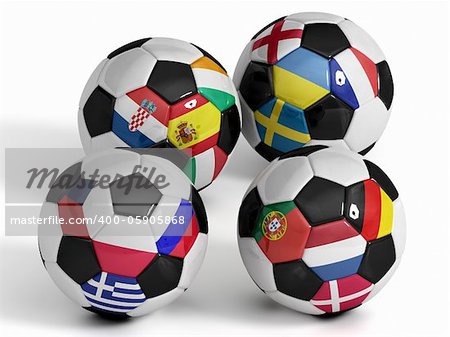 High Quality, hi-res 3D render of four soccer balls with the sixteen flags of the competing teams of the 2012 European Soccer Championship. Each ball represents one group. Clipping path included.