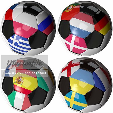 High quality, hi-res 3D render of four soccer balls carrying the flags of all sixteen competing teams of the 2012 European Soccer Championship ordered by groups. Clipping pathes included.