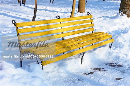 Yellow wooden bench among the snowbanks in winter park on a sunny fine day