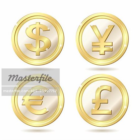 Set of golden coin with dollar, euro, pound sterling and yen signs.. Vector illustration isolated on white background