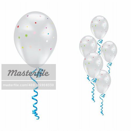 White balloons with stars and ribbons. Vector illustration.