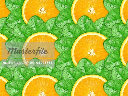 Abstract background with citrus-fruit of orange slices and green leaf with dew for your design. Close-up. Studio photography.