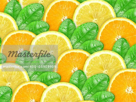 Abstract background with citrus-fruit of orange, lemon slices and green leaf with dew for your design. Close-up. Studio photography.