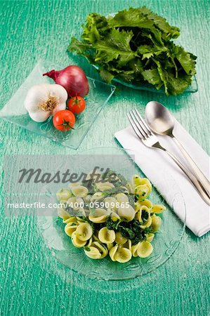 Italian Regional dish with pasta and turnip tops on green glass table