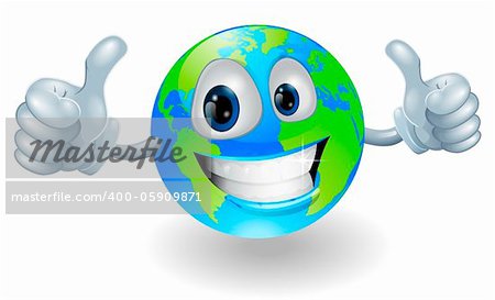 Illustration of a smiling happy globe world character giving a double thumbs up