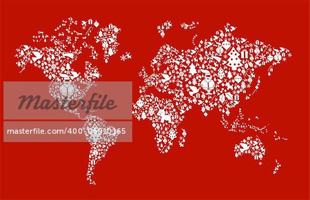 Christmas icon set in globe world map background. Vector file available.