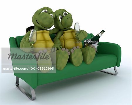 3D render of a tortoises on a sofa drinking champagne