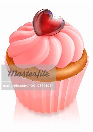 Pink fairy cake cupcake illustration with heart shaped decoration and pink icing