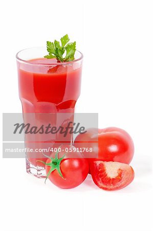 Tomato juice with parsley on a white background