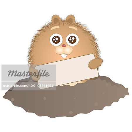Little groundhog peeps out of his hole with a sign in his hands. Vector illustration.