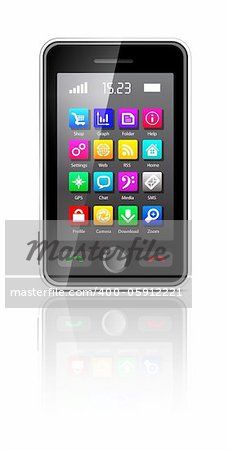Touchscreen smartphone with applications icon on white