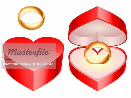 Heart shaped ring box with golden ring.