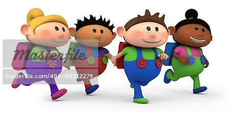 cute multi-ethnic kids running - way to school - high quality 3d illustration