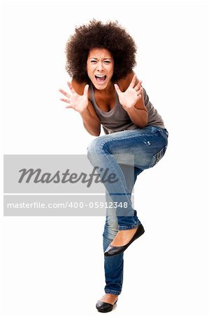 Horrified young woman in panic yelling, isolated on white