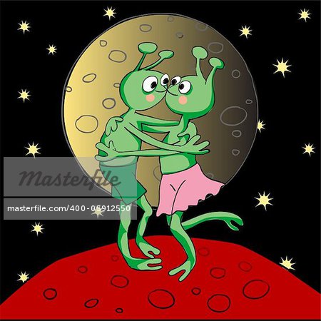 Valentine's Day card with romantic aliens in love on the planet Mars under golden moon