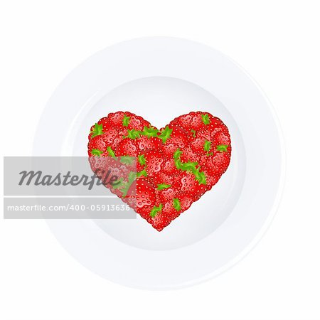 Heart From Strawberry On Plate, Isolated On White Background, Vector Illustration