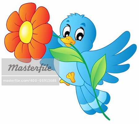 Blue bird carrying flower - vector illustration.