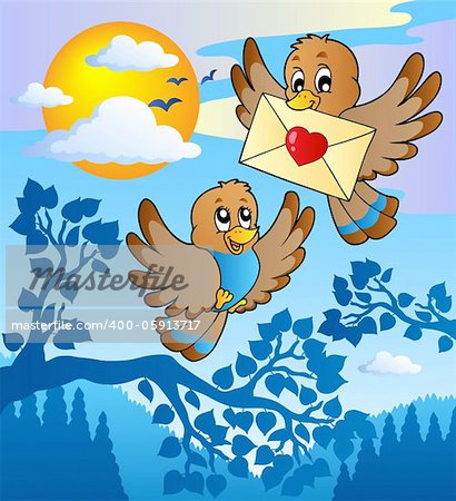 Two cute birds with love letter 2 - vector illustration.