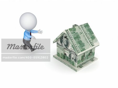 3d small person running to a house made of dollars.Isolated on white background.