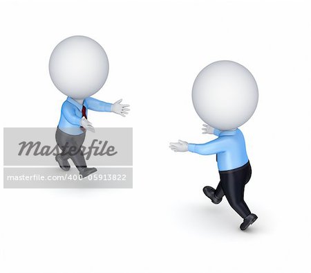 3d small people running to each other.Isolated on white background.