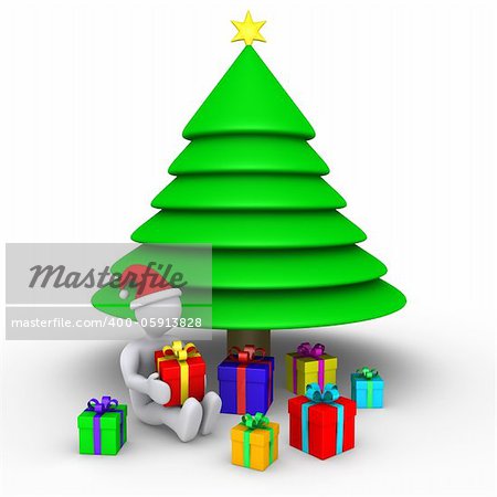 3d person sitting near a Christmas tree is about to open presents
