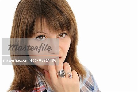 Portrait of  reflecting young woman  over white background