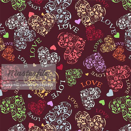 Decorative seamless background with multicolored heart patterns.