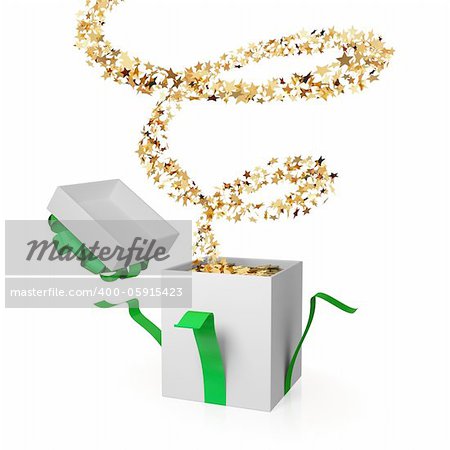 Gift box with a golden curl. Surprise concept. Isolated on white background. 3d rendered.