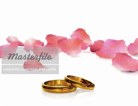 Golden wedding rings with rose petals. Isolated on white.3d rendered.