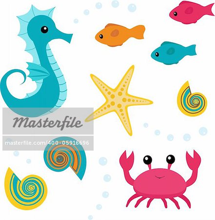 Set of sea life: seahorse, fish, shell, starfish, crab