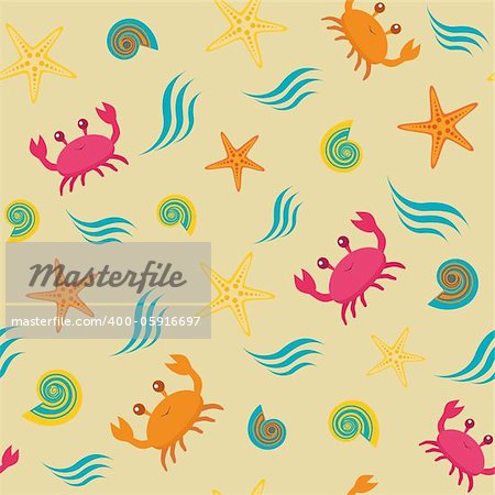 Colorful seamless pattern with crabs, shells and stars