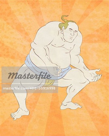 illustration of a Japanese sumo wrestler done in cartoon style with sunburst in background