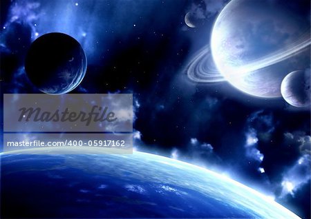 A beautiful space scene with planets and nebula