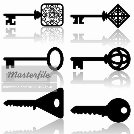 Illustration of silhouettes of keys on a white background.