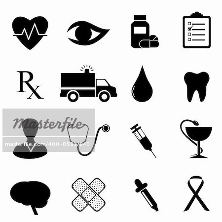 Health and medical icon set in black