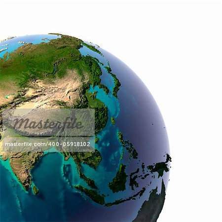 Earth with translucent water in the oceans and the detailed topography of the continents. A fragment of the Asia and Oceania. Isolated on white
