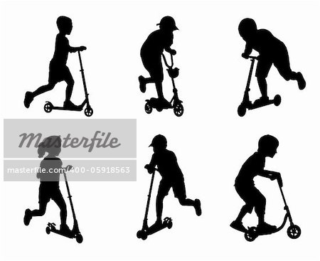 children scooting silhouettes - vector illustration