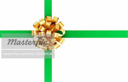 Green ribbon with golden bow. Isolated on white background. 3d rendered.