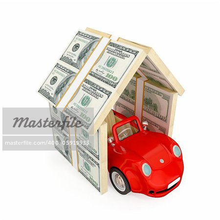Red car under the roof made of dollar packs. 3d rendered.  Insurance concept. Isolated on white background.