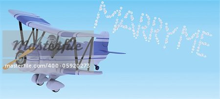 3D render of a robot flying a biplane sky writing