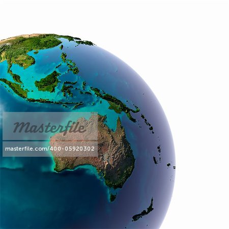 Earth with translucent water in the oceans and the detailed topography of the continents. A fragment of Australia and Oceania. Isolated on white